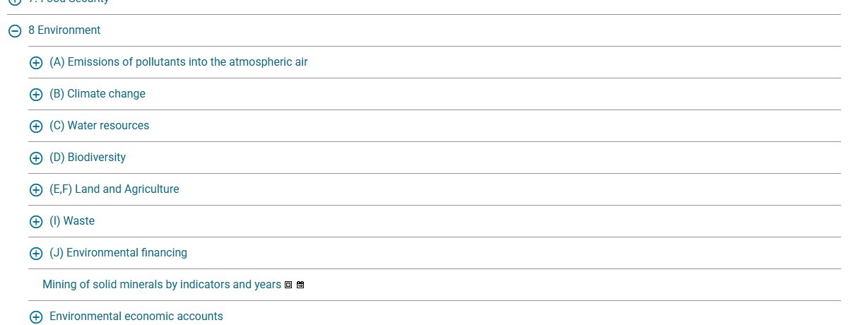 ArmStatBank table tree with section 8 Environment opened: emissions, climate change, water, biodiversity, land, waste, financing